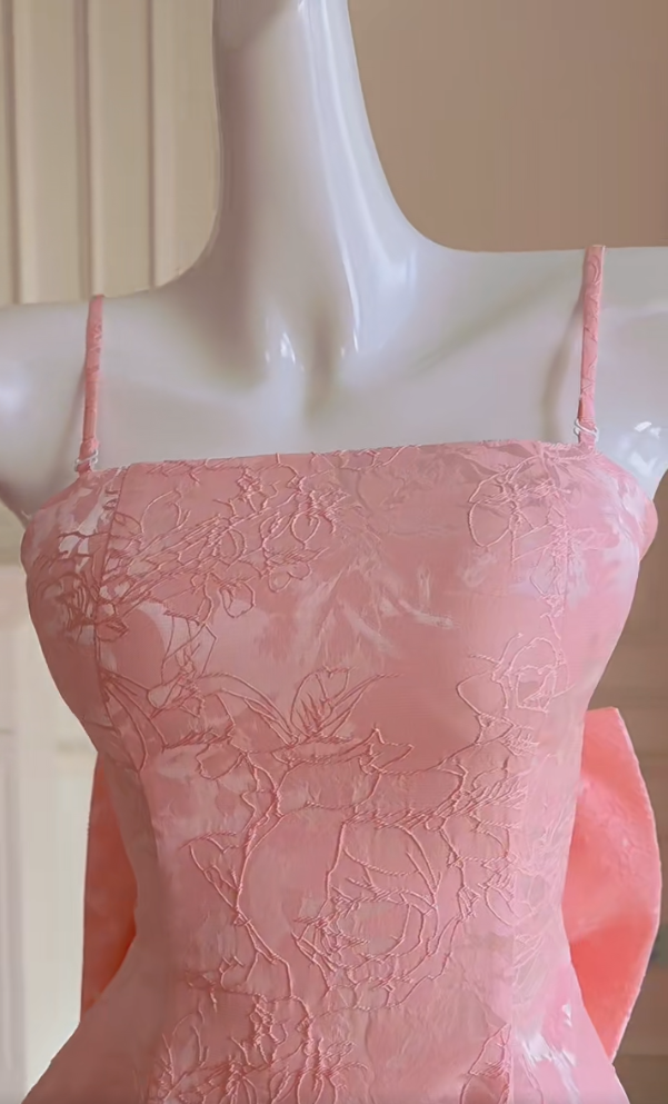 Sweet Spaghetti Straps Pink Homecoming Dress Jacquard Bow A-Line Birthday Dress GG5984