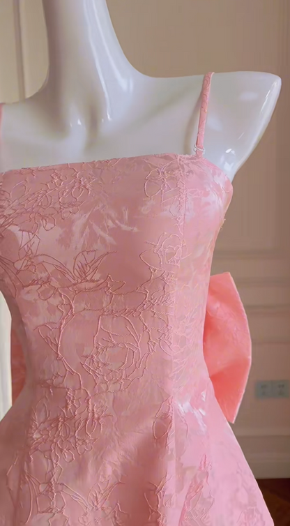 Sweet Spaghetti Straps Pink Homecoming Dress Jacquard Bow A-Line Birthday Dress GG5984