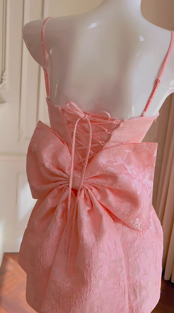 Sweet Spaghetti Straps Pink Homecoming Dress Jacquard Bow A-Line Birthday Dress GG5984