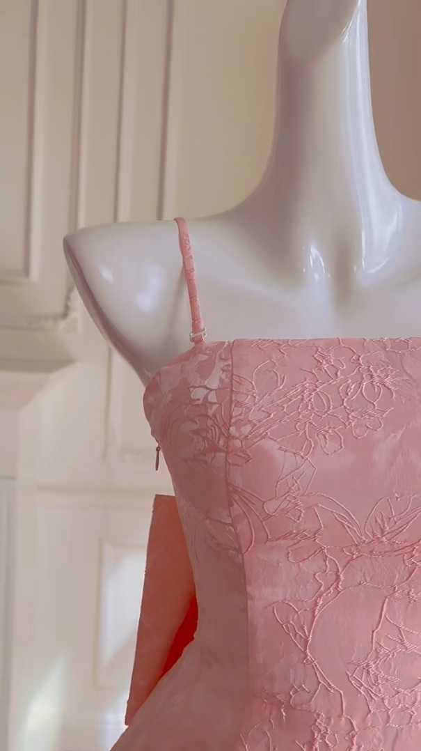Sweet Spaghetti Straps Pink Homecoming Dress Jacquard Bow A-Line Birthday Dress GG5984
