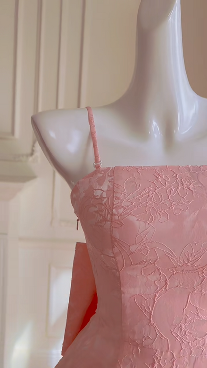Sweet Spaghetti Straps Pink Homecoming Dress Jacquard Bow A-Line Birthday Dress GG5984