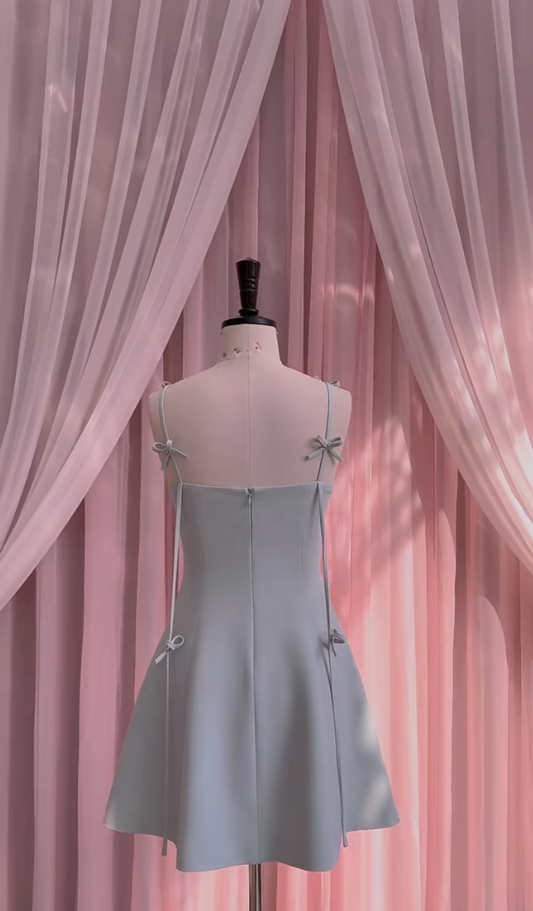 Trendy Spaghetti Straps Light Blue Homecoming Dress Beads Bows A-Line Birthday Dress GG5986