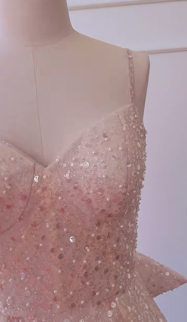 Unique Spaghetti Straps Light Pink Homecoming Dress Sequins Bow Train A-Line Birthday Dress GG5989