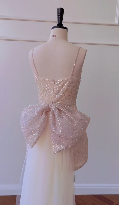 Unique Spaghetti Straps Light Pink Homecoming Dress Sequins Bow Train A-Line Birthday Dress GG5989