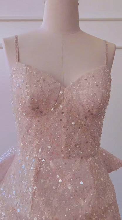 Unique Spaghetti Straps Light Pink Homecoming Dress Sequins Bow Train A-Line Birthday Dress GG5989