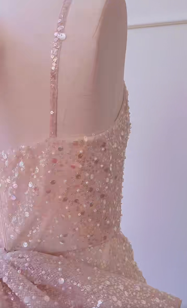 Unique Spaghetti Straps Light Pink Homecoming Dress Sequins Bow Train A-Line Birthday Dress GG5989