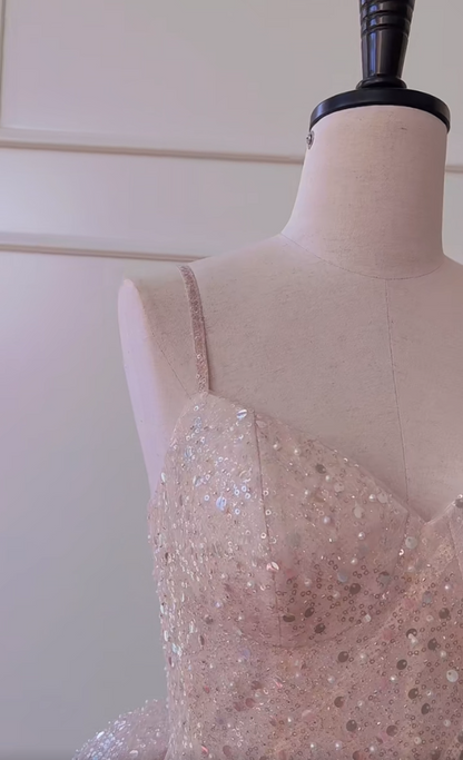 Unique Spaghetti Straps Light Pink Homecoming Dress Sequins Bow Train A-Line Birthday Dress GG5989