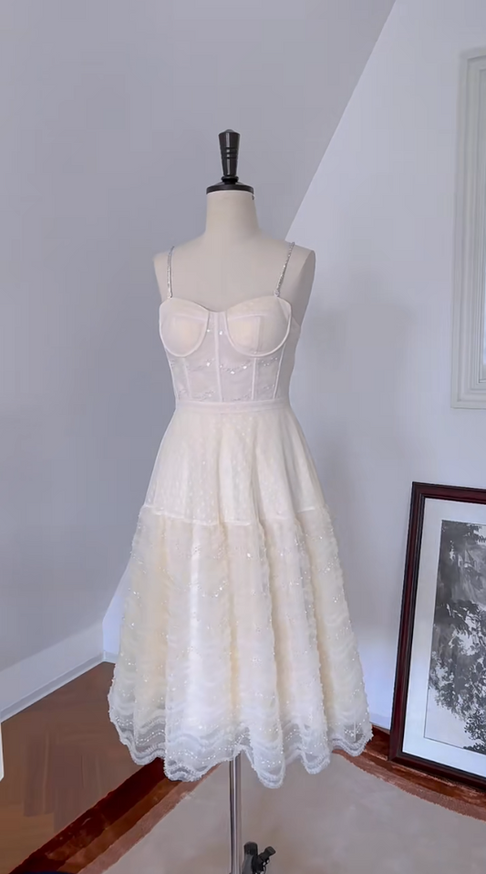 Elegant Spaghetti Straps Ivory Prom Dress Sequins Tulle Polka Dots A-Line Evening Dress GG5990