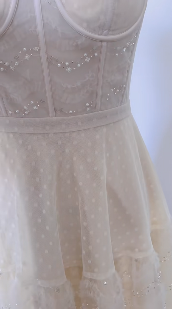 Elegant Spaghetti Straps Ivory Prom Dress Sequins Tulle Polka Dots A-Line Evening Dress GG5990