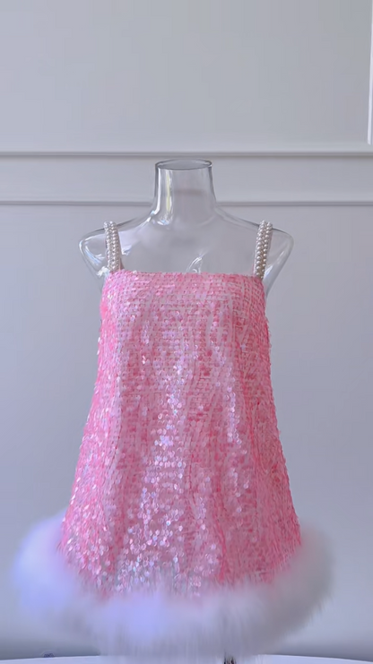 Y2K Spaghetti Straps Pink Homecoming Dress Sequins Fur A-Line Birthday Dress GG5995