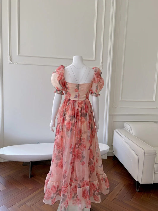 Flowy Short Sleeve Floral Prom Dress Ruffles A-Line Evening Dress GG5997