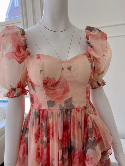 Flowy Short Sleeve Floral Prom Dress Ruffles A-Line Evening Dress GG5997