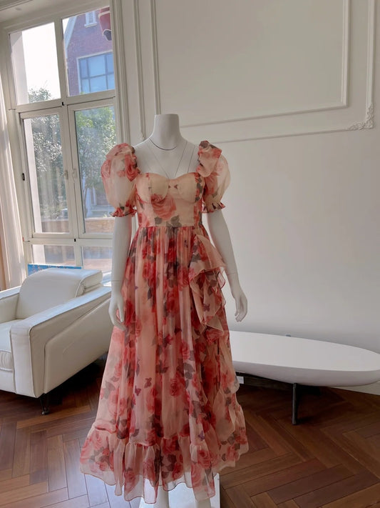 Flowy Short Sleeve Floral Prom Dress Ruffles A-Line Evening Dress GG5997