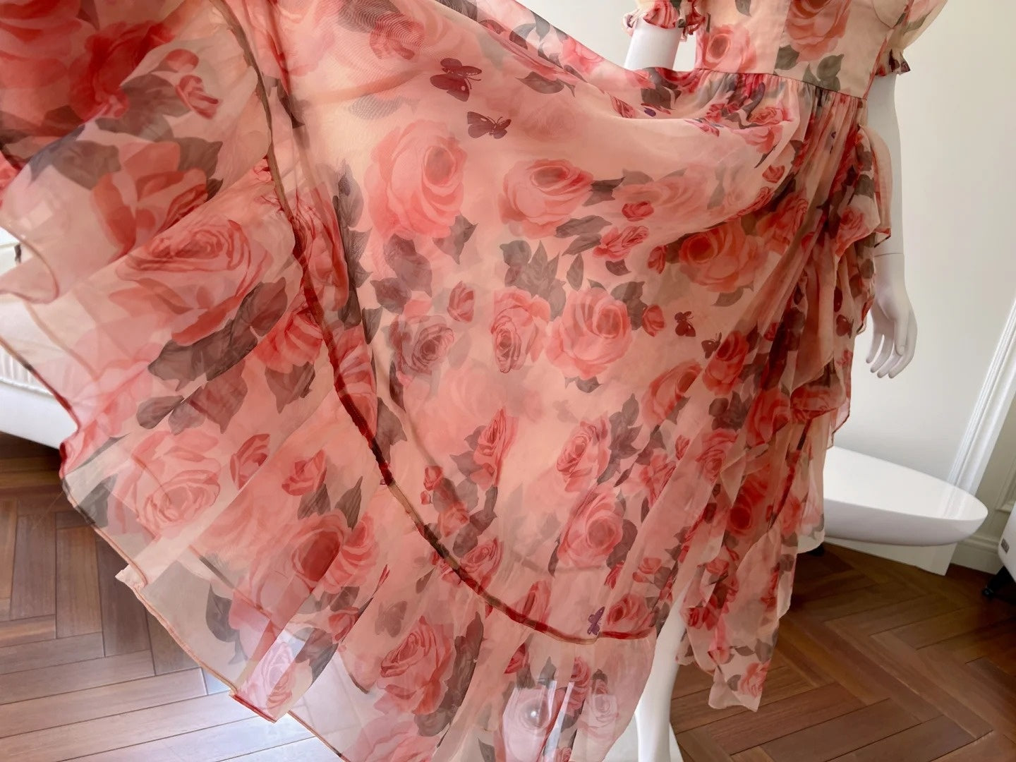 Flowy Short Sleeve Floral Prom Dress Ruffles A-Line Evening Dress GG5997