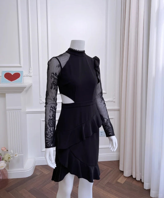 Alluring Long Sleeve Black Homecoming Dress Lace Cutout A-Line Birthday Dress GG5998