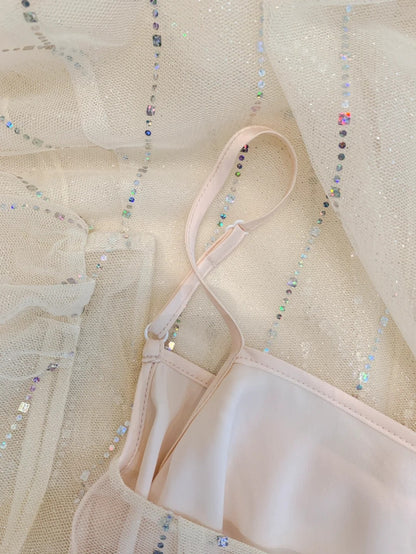 Charming Beige Prom Dress With Lining Long Sleeve Sequins Tulle A-Line Evening Dress GG5999