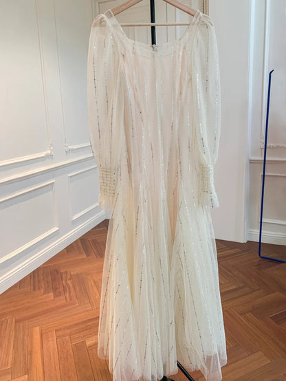 Charming Beige Prom Dress With Lining Long Sleeve Sequins Tulle A-Line Evening Dress GG5999