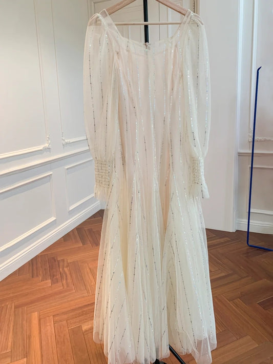Charming Beige Prom Dress With Lining Long Sleeve Sequins Tulle A-Line Evening Dress GG5999