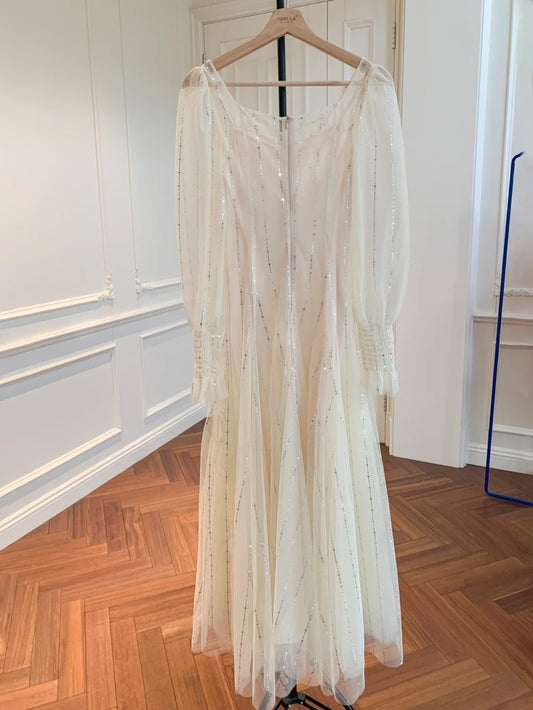 Charming Beige Prom Dress With Lining Long Sleeve Sequins Tulle A-Line Evening Dress GG5999
