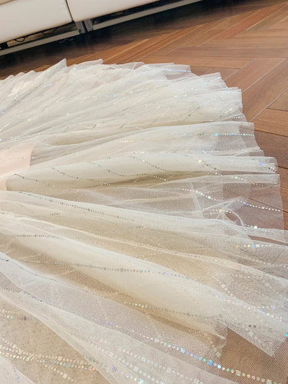 Charming Beige Prom Dress With Lining Long Sleeve Sequins Tulle A-Line Evening Dress GG5999