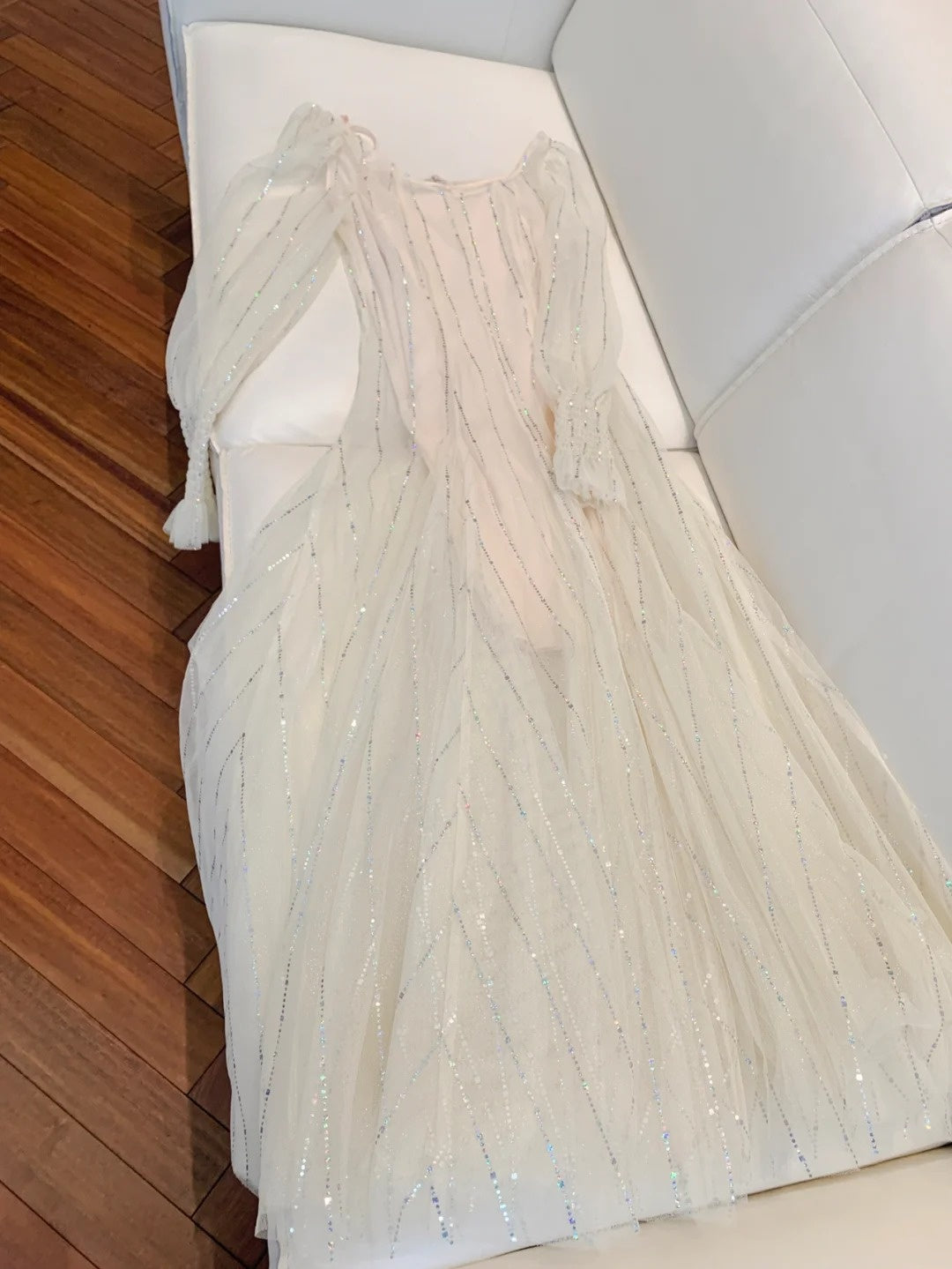 Charming Beige Prom Dress With Lining Long Sleeve Sequins Tulle A-Line Evening Dress GG5999