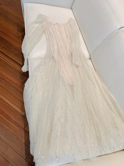 Charming Beige Prom Dress With Lining Long Sleeve Sequins Tulle A-Line Evening Dress GG5999