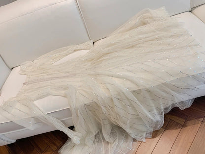 Charming Beige Prom Dress With Lining Long Sleeve Sequins Tulle A-Line Evening Dress GG5999