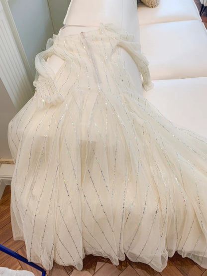 Charming Beige Prom Dress With Lining Long Sleeve Sequins Tulle A-Line Evening Dress GG5999