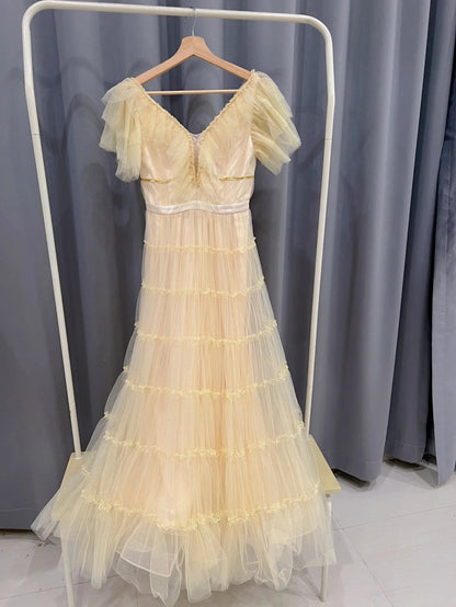 Elegant Short Sleeve Beige Prom Dress Tulle Sequins A-Line Evening Dress GG6000