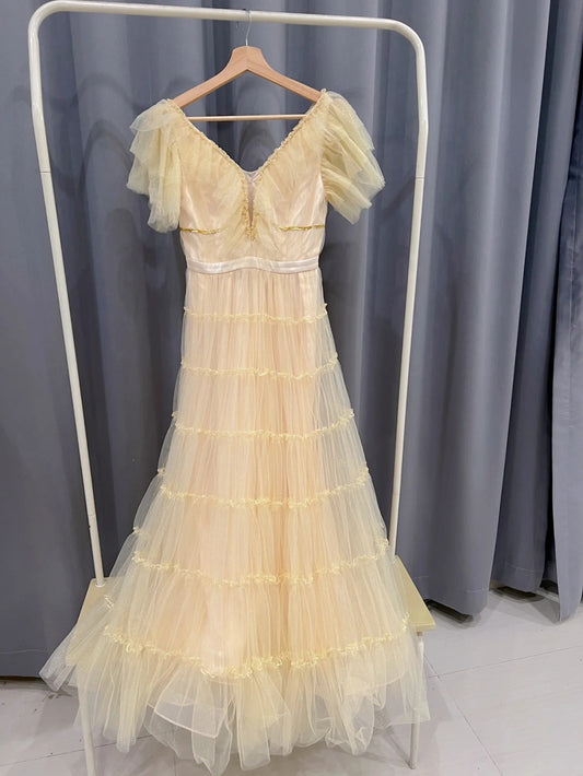 Elegant Short Sleeve Beige Prom Dress Tulle Sequins A-Line Evening Dress GG6000