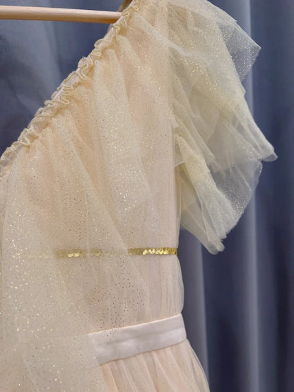 Elegant Short Sleeve Beige Prom Dress Tulle Sequins A-Line Evening Dress GG6000