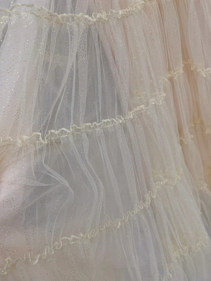 Elegant Short Sleeve Beige Prom Dress Tulle Sequins A-Line Evening Dress GG6000