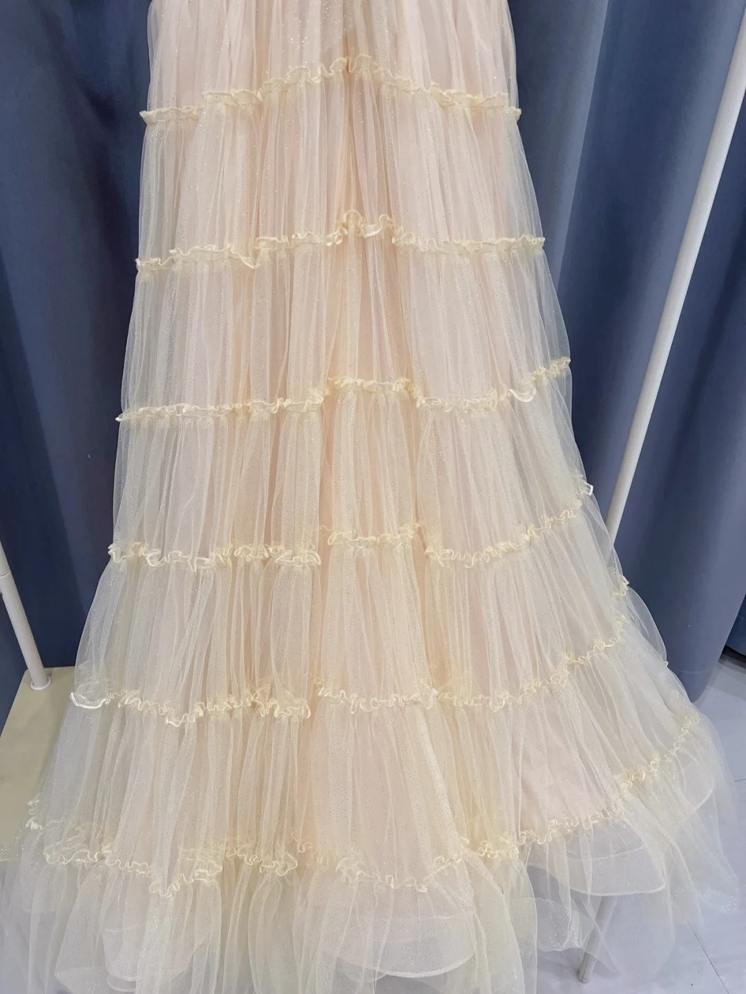 Elegant Short Sleeve Beige Prom Dress Tulle Sequins A-Line Evening Dress GG6000