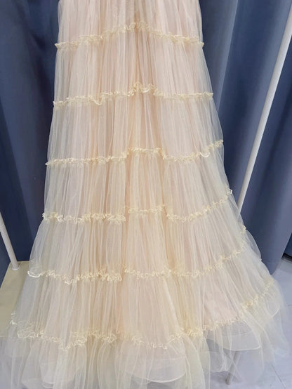 Elegant Short Sleeve Beige Prom Dress Tulle Sequins A-Line Evening Dress GG6000