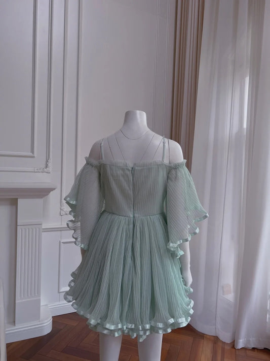 Trendy Long Sleeve Pleated Green Homecoming Dress Tulle A-Line Birthday Dress GG6001