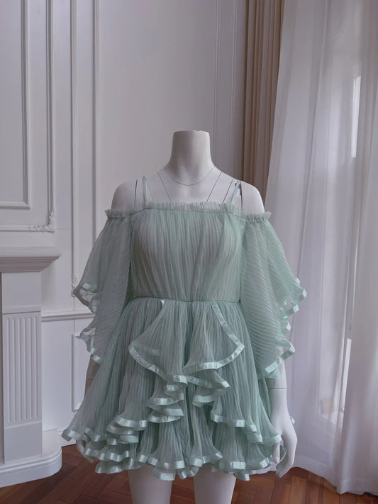 Trendy Long Sleeve Pleated Green Homecoming Dress Tulle A-Line Birthday Dress GG6001