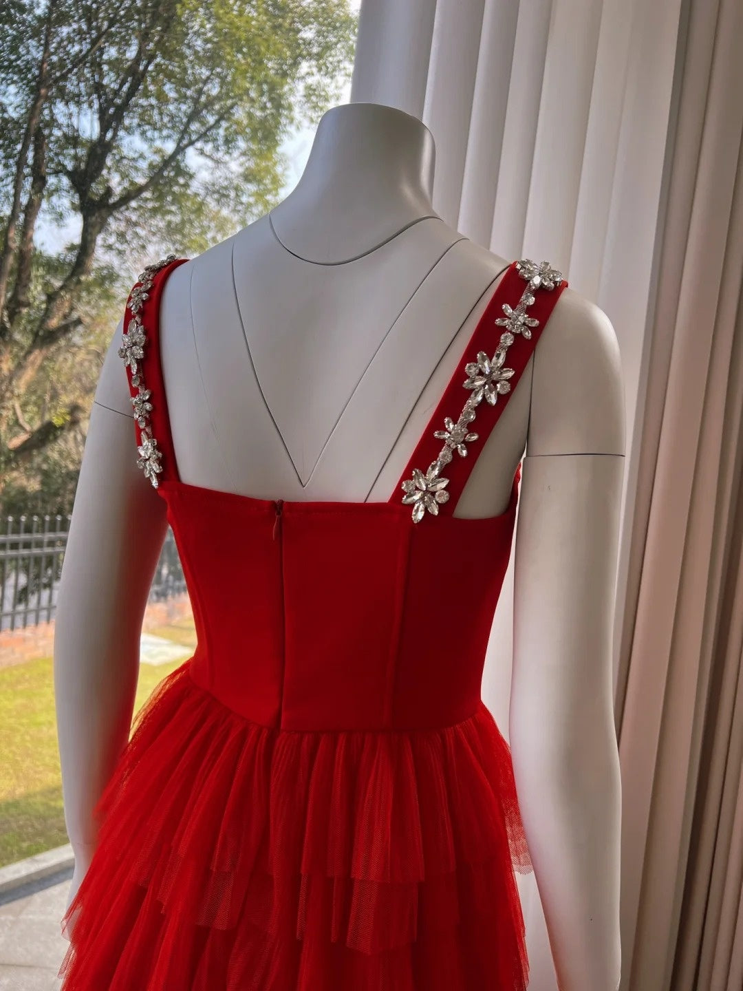 Alluring Beaded Spaghetti Straps Red Prom Dress Red A-Line Evening Dress GG6002