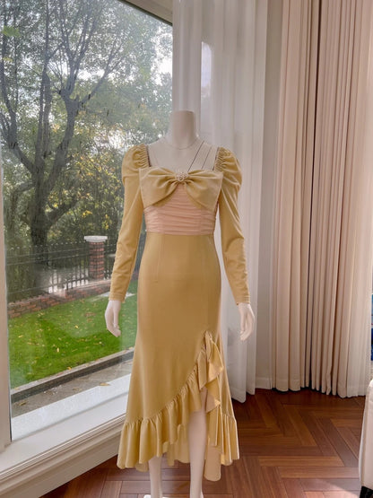 Unique Ruffles Yellow Prom Dress Long Sleeve Bow Sheath Evening Dress GG6003