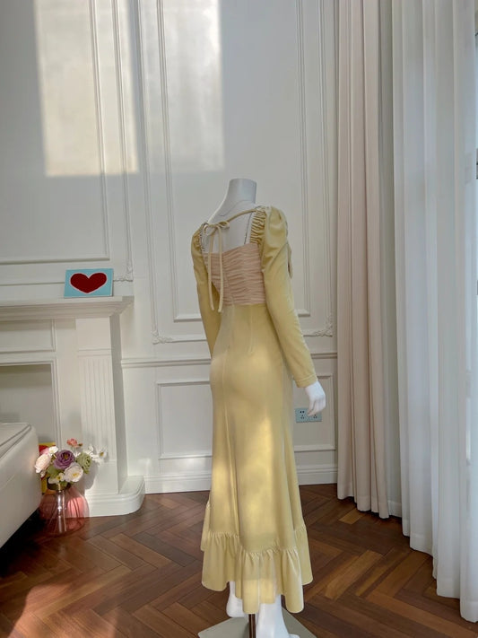Unique Ruffles Yellow Prom Dress Long Sleeve Bow Sheath Evening Dress GG6003