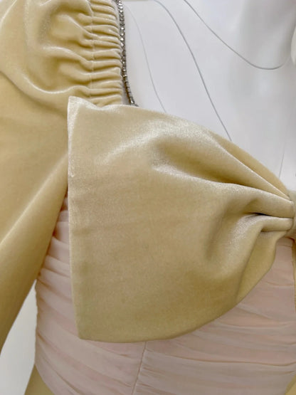 Unique Ruffles Yellow Prom Dress Long Sleeve Bow Sheath Evening Dress GG6003
