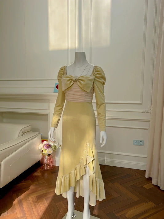 Unique Ruffles Yellow Prom Dress Long Sleeve Bow Sheath Evening Dress GG6003