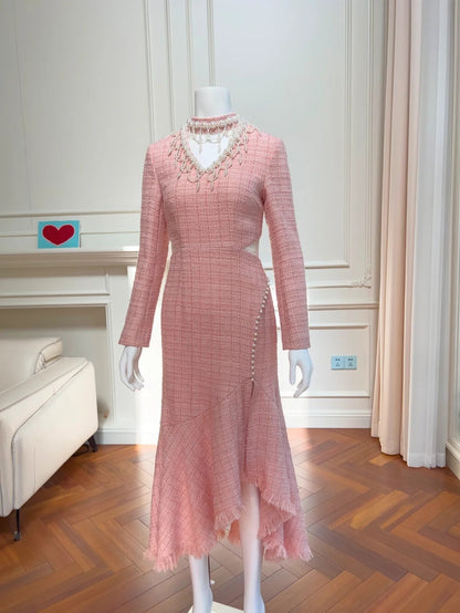 Lovely Cutout Pink Prom Dress Long Sleeve Beading Sheath Evening Dress GG6004
