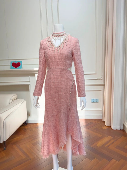 Lovely Cutout Pink Prom Dress Long Sleeve Beading Sheath Evening Dress GG6004