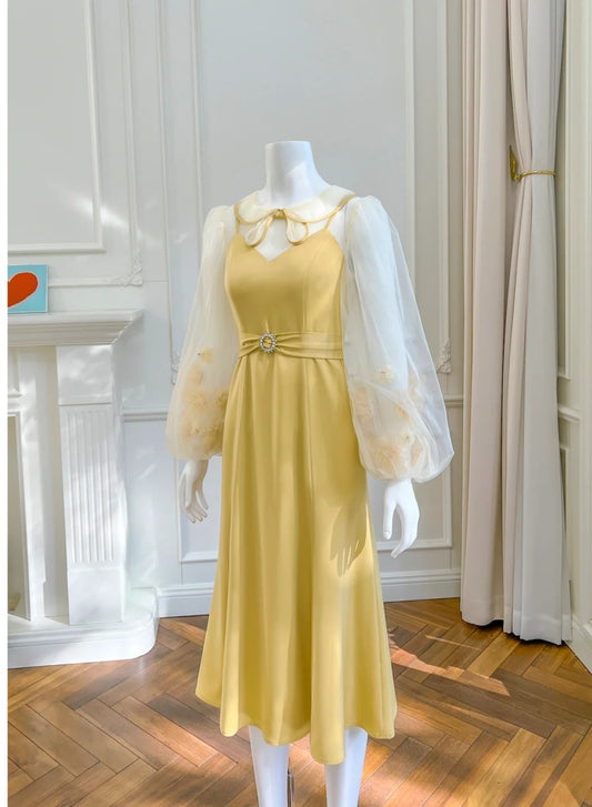 Cute Floral Yellow Prom Dress Long Sleeve A-Line Evening Dress GG6006