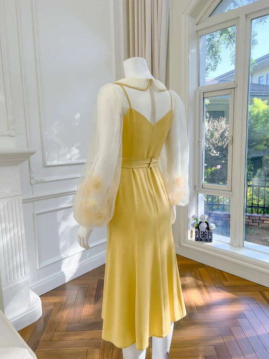 Cute Floral Yellow Prom Dress Long Sleeve A-Line Evening Dress GG6006