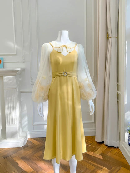Cute Floral Yellow Prom Dress Long Sleeve A-Line Evening Dress GG6006