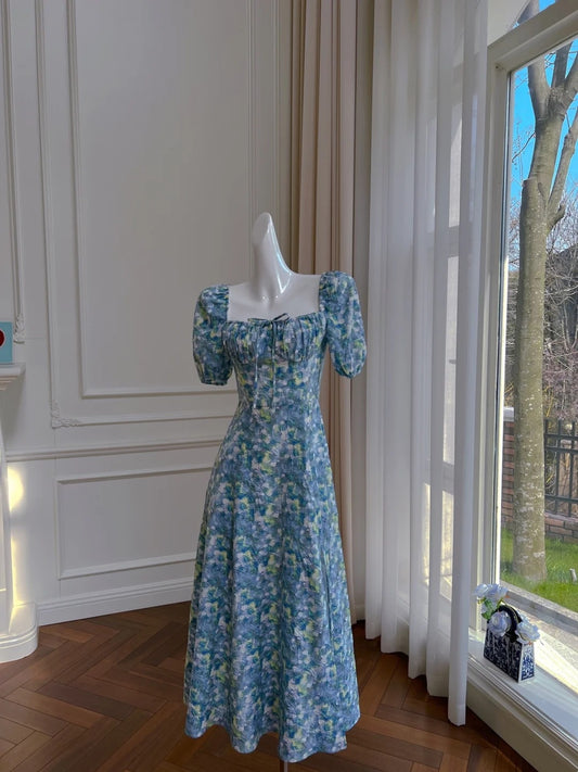 Elegant Texured Blue Floral Prom Dress Short Sleeve A-Line Evening Dress GG6010