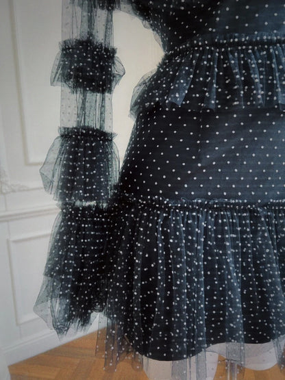 Unique Long Sleeve Black Homecoming Dress Dots Tulle A-Line Birthday Dress GG6012