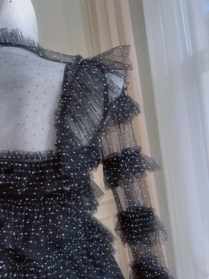 Unique Long Sleeve Black Homecoming Dress Dots Tulle A-Line Birthday Dress GG6012