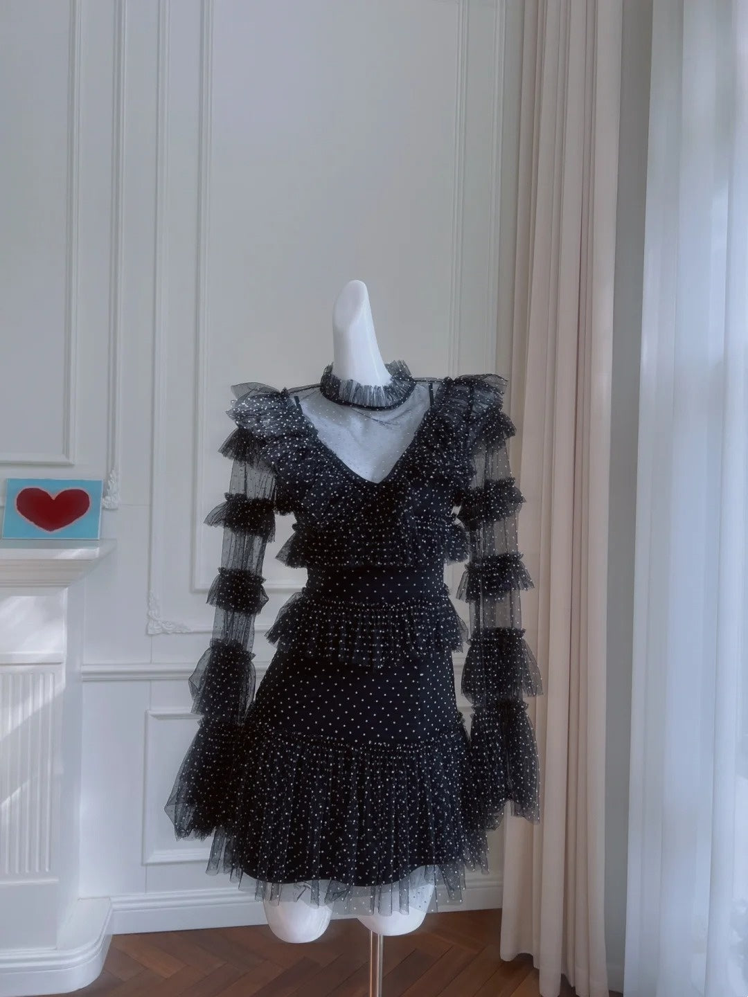 Unique Long Sleeve Black Homecoming Dress Dots Tulle A-Line Birthday Dress GG6012